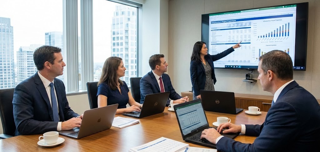 Equipo de directores financieros en sala de juntas analizando proyecciones de proyectos de infraestructura con laptops y documentos de modelado financiero, atmósfera profesional de toma de decisiones estratégicas