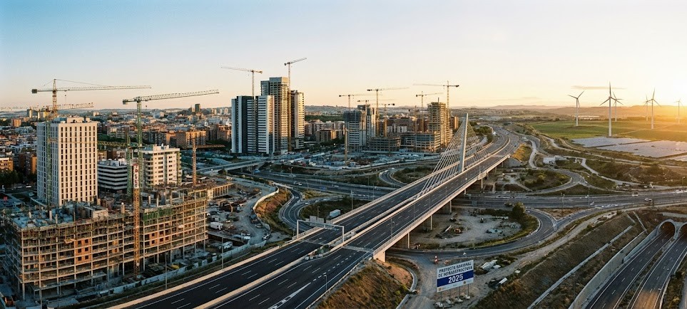 Vista panorámica de proyectos de infraestructura y construcción en España, grúas de construcción, edificios en desarrollo y obras de infraestructura moderna, simbolizando inversión y gestión de proyectos a gran escala
