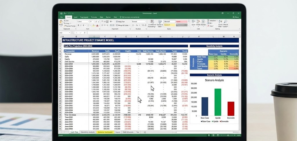 Hoja de cálculo compleja de modelado financiero con proyecciones de flujo de caja, análisis de sensibilidad y gráficos de escenarios para proyecto de infraestructura, múltiples pestañas y tablas de datos financieros